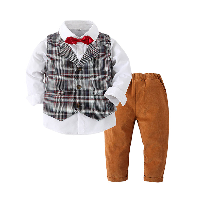 3 Pieces Set Baby Kid Boys Birthday Party Bow Shirts Checked Vests Waistcoats And Solid Color Pants Wholesale 220425171