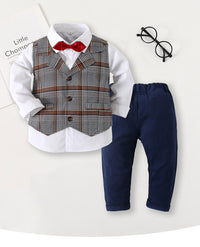 Load image into Gallery viewer, 3 Pieces Set Baby Kid Boys Birthday Party Bow Shirts Checked Vests Waistcoats And Solid Color Pants Wholesale 220425171
