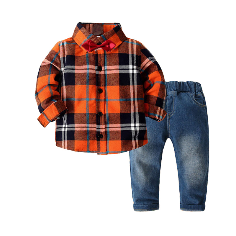 2 Pieces Set Baby Kid Boys Checked Bow Shirts And Jeans Wholesale 220425183