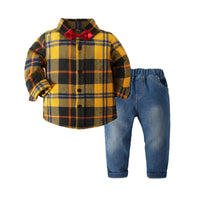 Load image into Gallery viewer, 2 Pieces Set Baby Kid Boys Checked Bow Shirts And Jeans Wholesale 220425183

