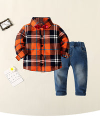 Load image into Gallery viewer, 2 Pieces Set Baby Kid Boys Checked Bow Shirts And Jeans Wholesale 220425183
