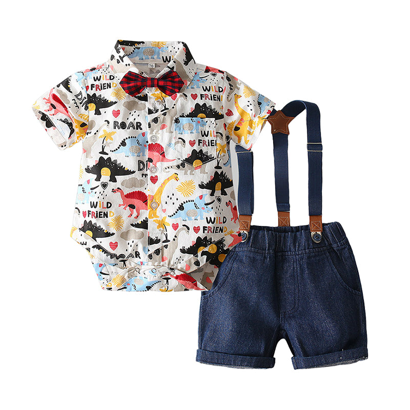 2 Pieces Set Baby Kid Boys Letters Dinosaur Bow Print Rompers And Shorts Wholesale 220425199