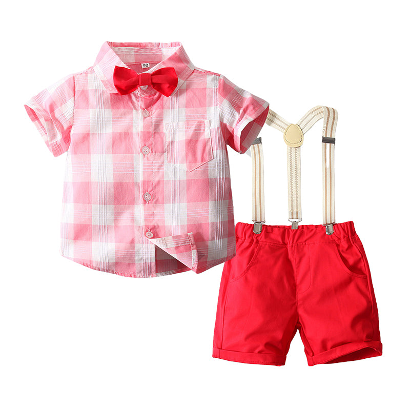 2 Pieces Set Baby Kid Boys Dressy Checked Shirts And Solid Color Rompers Wholesale 220425222