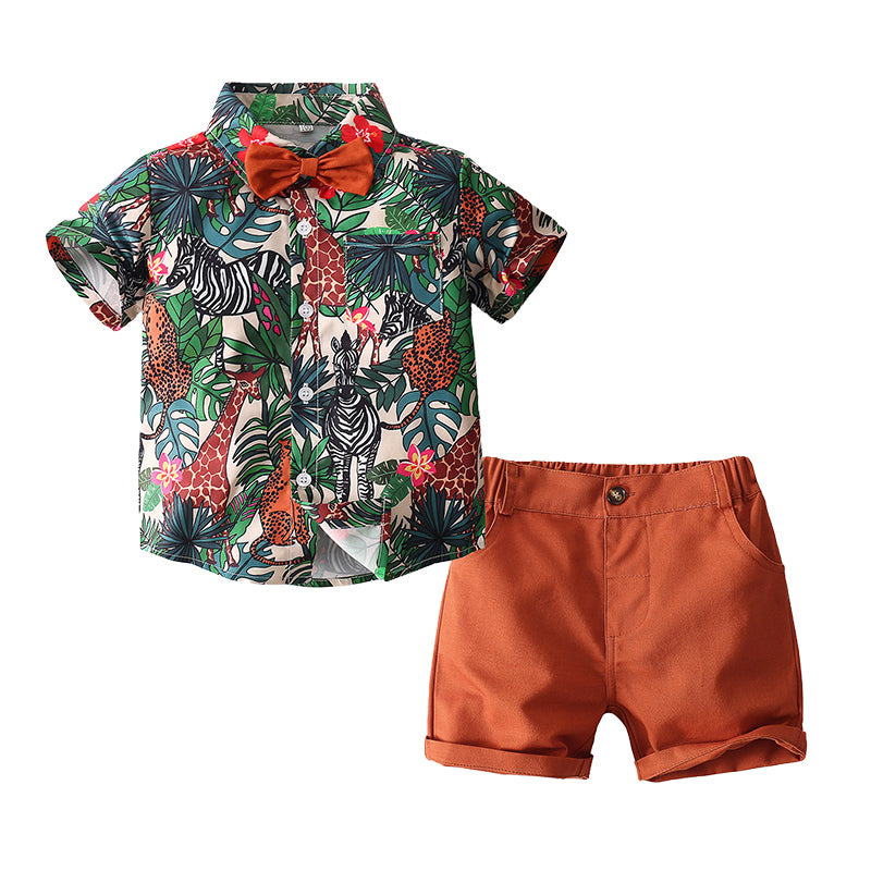 2 Pieces Set Baby Kid Boys Plant Print Shirts And Solid Color Shorts Wholesale 220425224