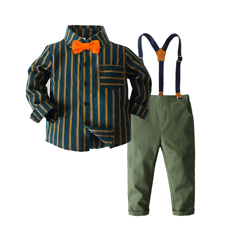 2 Pieces Set Baby Kid Boys Dressy Striped Bow Shirts And Solid Color Jumpsuits Wholesale 220425227
