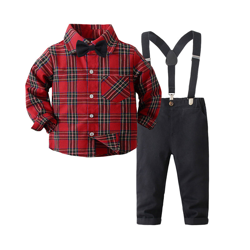 2 Pieces Set Baby Kid Boys Birthday Party Checked Bow Shirts And Solid Color Jumpsuits Wholesale 220425230