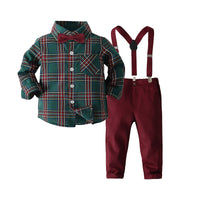 Load image into Gallery viewer, 2 Pieces Set Baby Kid Boys Birthday Party Checked Bow Shirts And Solid Color Jumpsuits Wholesale 220425230
