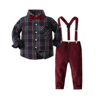 Load image into Gallery viewer, 2 Pieces Set Baby Kid Boys Birthday Party Checked Bow Shirts And Solid Color Jumpsuits Wholesale 220425230
