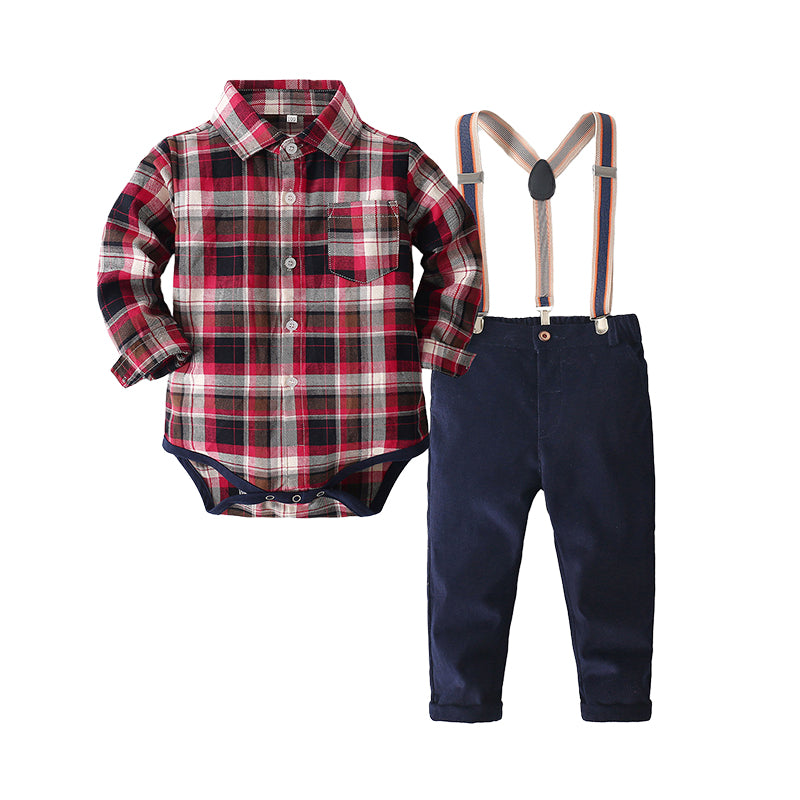 2 Pieces Set Baby Boys Checked Rompers And Solid Color Jumpsuits Wholesale 220425244