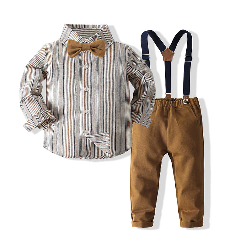 2 Pieces Set Baby Kid Boys Birthday Party Striped Bow Shirts And Solid Color Jumpsuits Wholesale 220425250