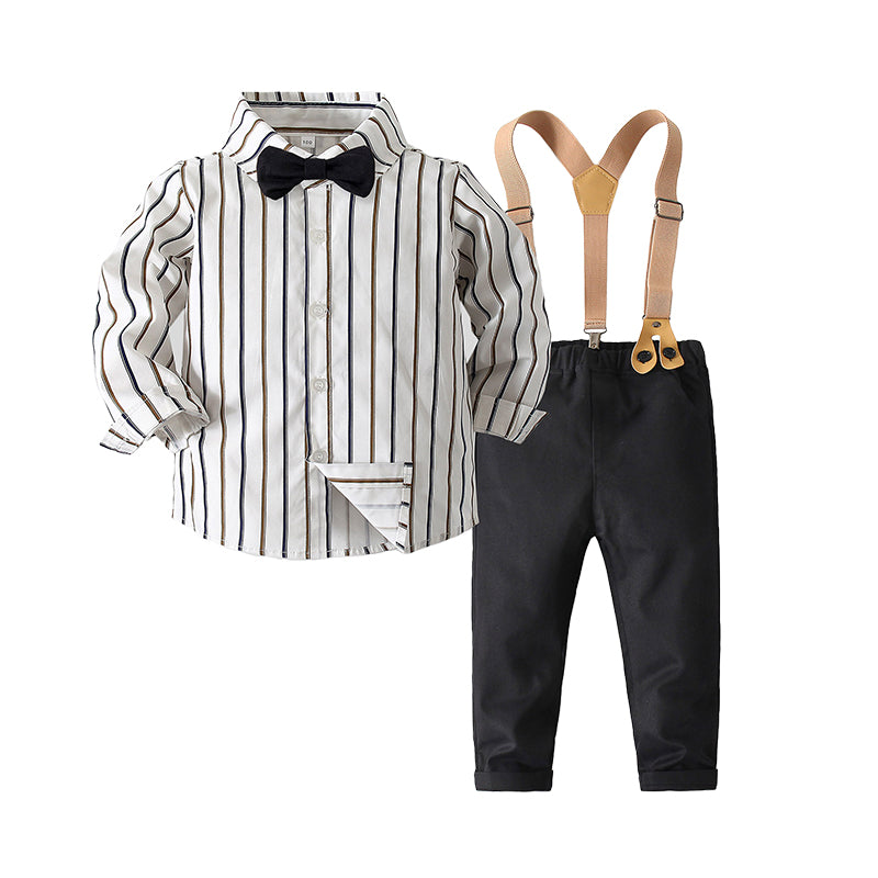 2 Pieces Set Baby Kid Boys Dressy Solid Color Bow Shirts And Striped Jumpsuits Wholesale 220425252