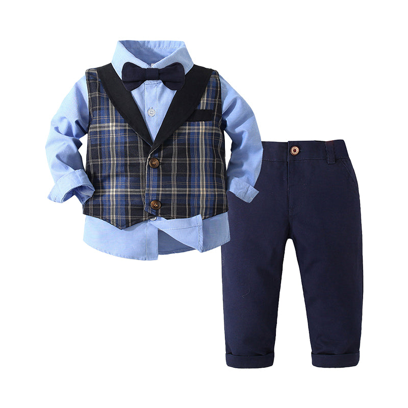 3 Pieces Set Baby Kid Boys Dressy Solid Color Shirts Pants And Checked Vests Waistcoats Wholesale 220425253