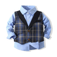 Load image into Gallery viewer, 3 Pieces Set Baby Kid Boys Dressy Solid Color Shirts Pants And Checked Vests Waistcoats Wholesale 220425253
