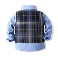 Load image into Gallery viewer, 3 Pieces Set Baby Kid Boys Dressy Solid Color Shirts Pants And Checked Vests Waistcoats Wholesale 220425253
