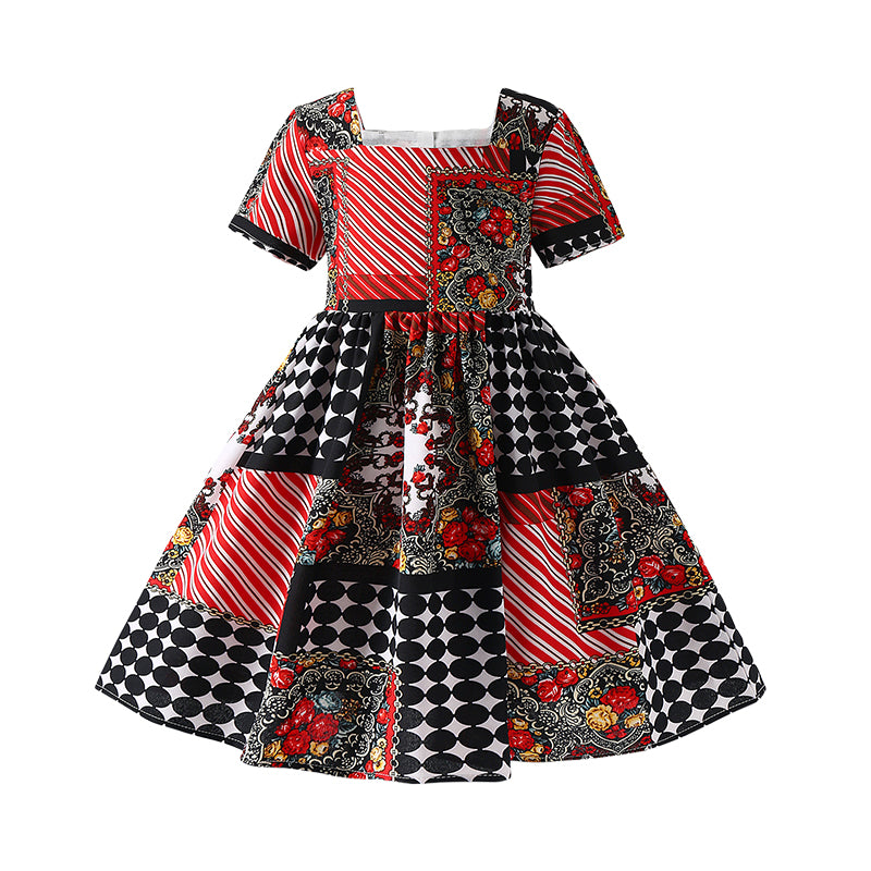 Baby Kid Girls Color-blocking Flower Polka dots Print Dressy Dresses Wholesale 220425258