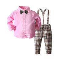 Load image into Gallery viewer, 2 Pieces Set Baby Kid Boys Solid Color Bow Shirts And Checked Jumpsuits Wholesale 220425259
