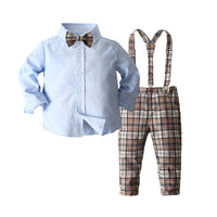 Load image into Gallery viewer, 2 Pieces Set Baby Kid Boys Solid Color Bow Shirts And Checked Jumpsuits Wholesale 220425259
