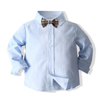 Load image into Gallery viewer, 2 Pieces Set Baby Kid Boys Solid Color Bow Shirts And Checked Jumpsuits Wholesale 220425259
