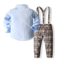 Load image into Gallery viewer, 2 Pieces Set Baby Kid Boys Solid Color Bow Shirts And Checked Jumpsuits Wholesale 220425259
