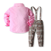 Load image into Gallery viewer, 2 Pieces Set Baby Kid Boys Solid Color Bow Shirts And Checked Jumpsuits Wholesale 220425259
