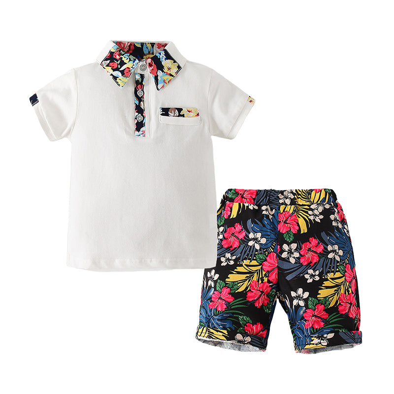 2 Pieces Set Kid Boys Flower Print Polo Shirts And Shorts Wholesale 22042526