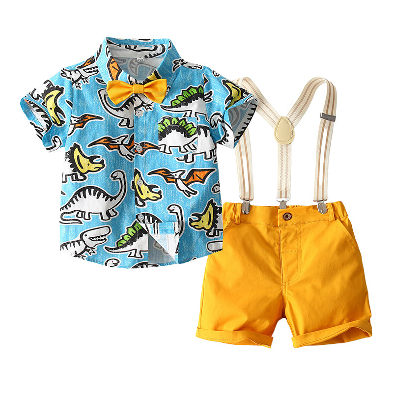 2 Pieces Set Baby Kid Boys Dressy Dinosaur Cartoon Bow Print Shirts And Solid Color Rompers Wholesale 220425261