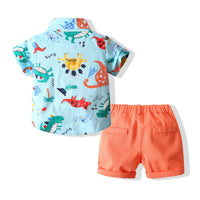 Load image into Gallery viewer, 2 Pieces Set Baby Kid Boys Dinosaur Cartoon Bow Print Shirts And Shorts Wholesale 220425265
