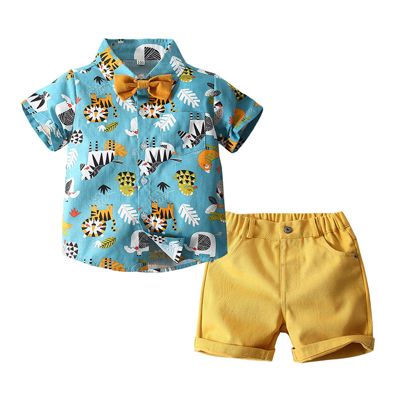 2 Pieces Set Baby Kid Boys Animals Cartoon Bow Print Shirts And Shorts Wholesale 220425266