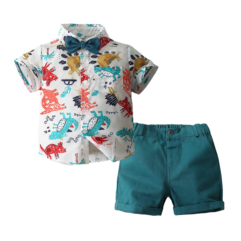 2 Pieces Set Baby Kid Boys Dinosaur Cartoon Bow Print Shirts And Shorts Wholesale 220425267