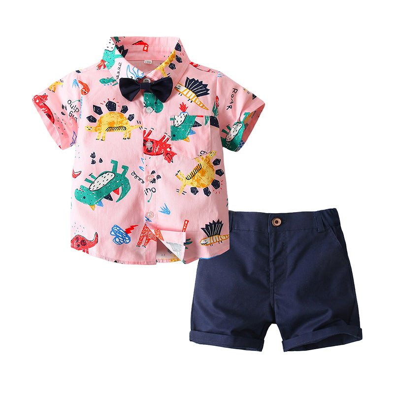 2 Pieces Set Baby Kid Boys Dinosaur Cartoon Bow Print Shirts And Shorts Wholesale 220425270