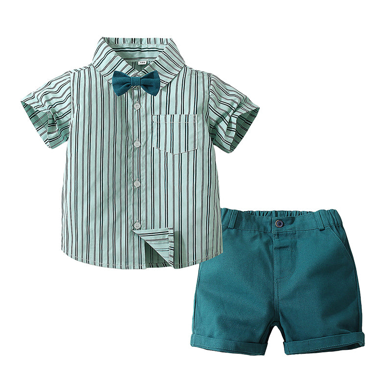 2 Pieces Set Baby Kid Boys Dressy Striped Bow Shirts And Solid Color Shorts Wholesale 220425284