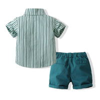 Load image into Gallery viewer, 2 Pieces Set Baby Kid Boys Dressy Striped Bow Shirts And Solid Color Shorts Wholesale 220425284

