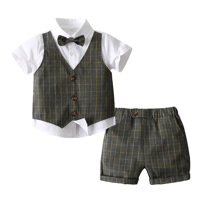 2 Pieces Set Baby Kid Boys Dressy Color-blocking Bow Shirts And Solid Color Shorts Wholesale 220425286