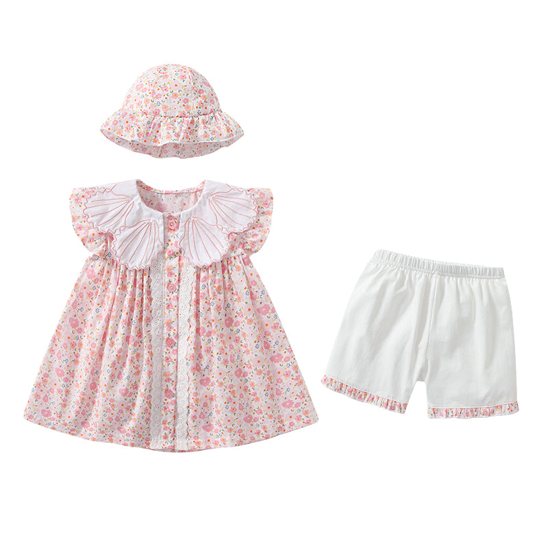 3 Pieces Set Baby Kid Girls Color-blocking Flower Print Dresses Shorts And Hats Wholesale 220425287
