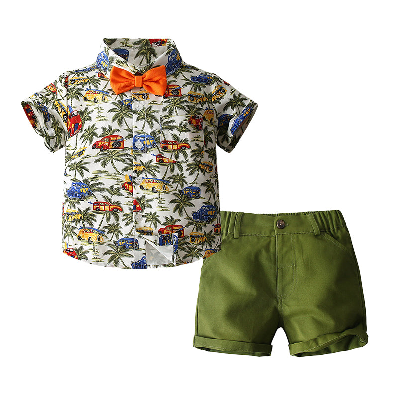 2 Pieces Set Baby Kid Boys Beach Tropical Car Plant Bow Shirts And Solid Color Shorts Wholesale 220425293