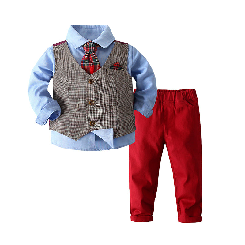 3 Pieces Set Baby Kid Boys Birthday Party Solid Color Bow Shirts And Color-blocking Checked Vests Waistcoats And Pants Wholesale 220425294