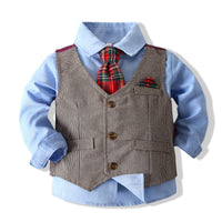 Load image into Gallery viewer, 3 Pieces Set Baby Kid Boys Birthday Party Solid Color Bow Shirts And Color-blocking Checked Vests Waistcoats And Pants Wholesale 220425294
