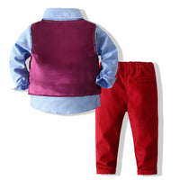 Load image into Gallery viewer, 3 Pieces Set Baby Kid Boys Birthday Party Solid Color Bow Shirts And Color-blocking Checked Vests Waistcoats And Pants Wholesale 220425294
