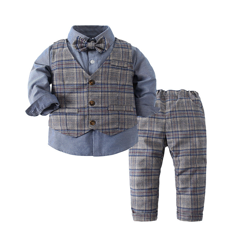 3 Pieces Set Baby Kid Boys Dressy Solid Color Bow Shirts And Checked Vests Waistcoats And Pants Wholesale 220425312