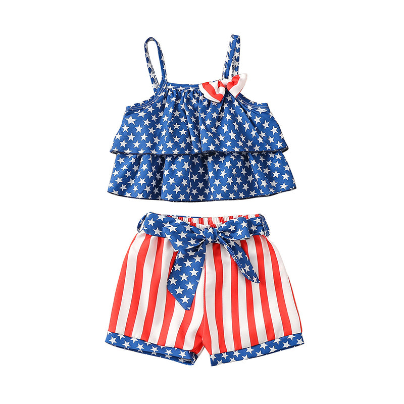 2 Pieces Set Baby Kid Girls Independence Day Print Tank Tops And Shorts Wholesale 220425359