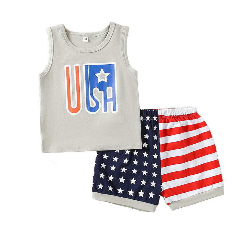 2 Pieces Set Baby Kid Boys Independence Day Letters Tank Tops Striped And Star Shorts Wholesale 220425368