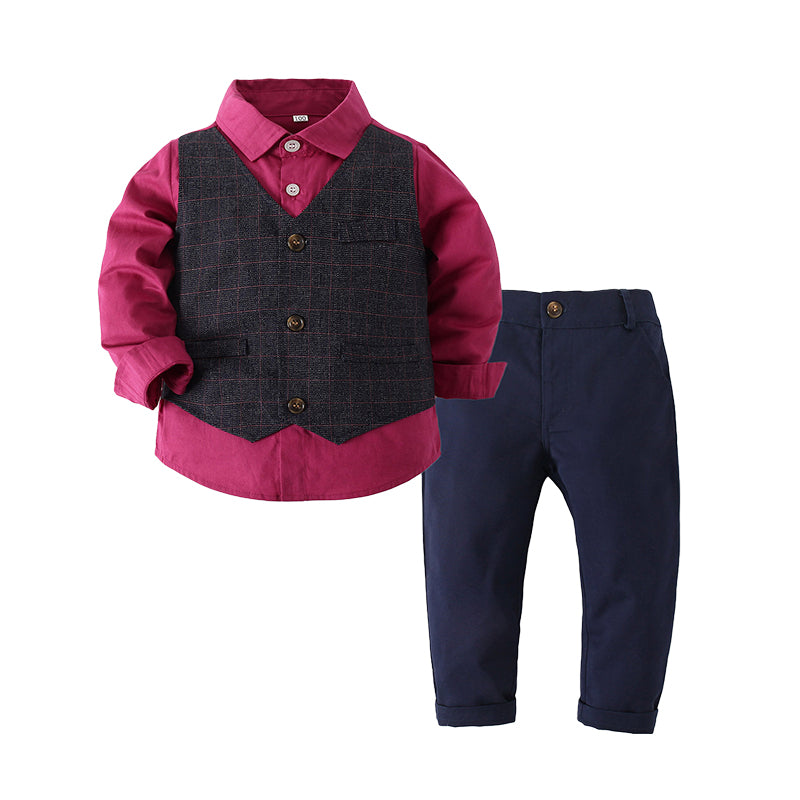 2 Pieces Set Baby Kid Boys Solid Color Checked Shirts And Suits Trousers Wholesale 220425402