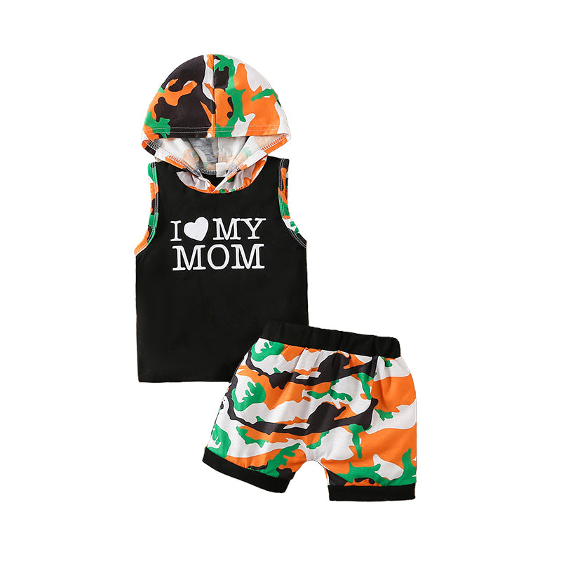 2 Pieces Set Baby Kid Boys Letters Color-blocking Tops And Camo Shorts Wholesale 220425430