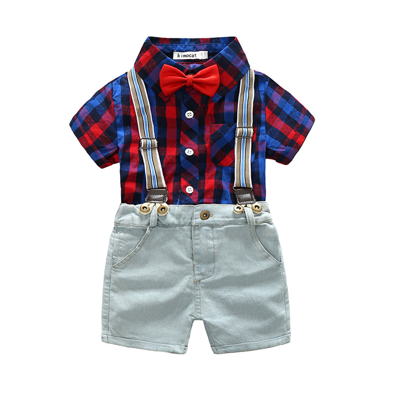 2 Pieces Set Kid Boys Checked Shirts And Solid Color Rompers Wholesale 22042545