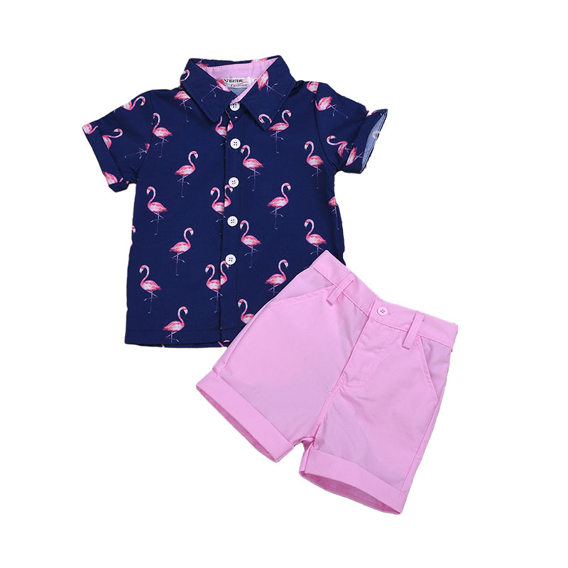 2 Pieces Set Baby Kid Boys Flamingo Print Shirts And Solid Color Shorts Wholesale 22042581
