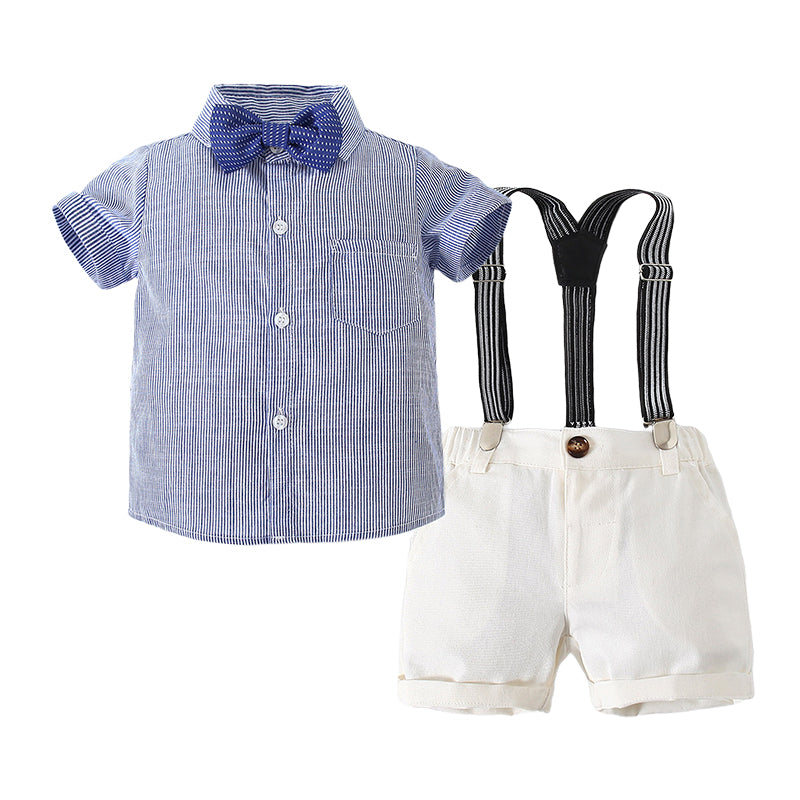 2 Pieces Set Baby Boys Striped Bow Shirts And Solid Color Rompers Wholesale 22042582