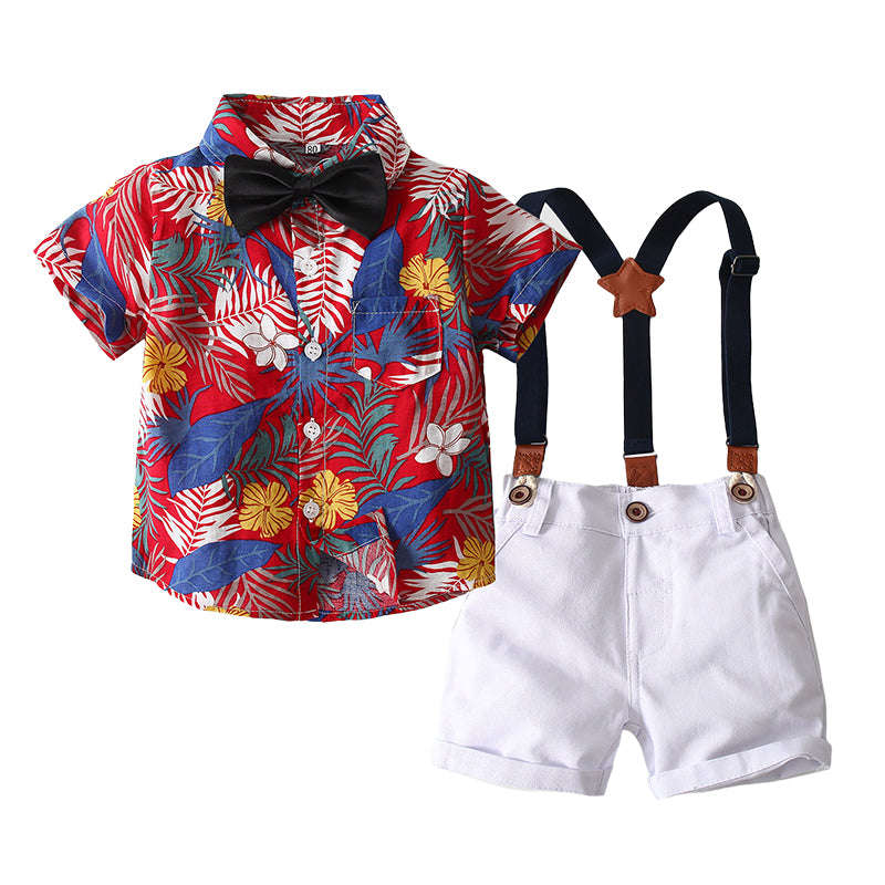 2 Pieces Set Baby Kid Boys Birthday Bow Print Shirts And Solid Color Rompers Wholesale 22042583