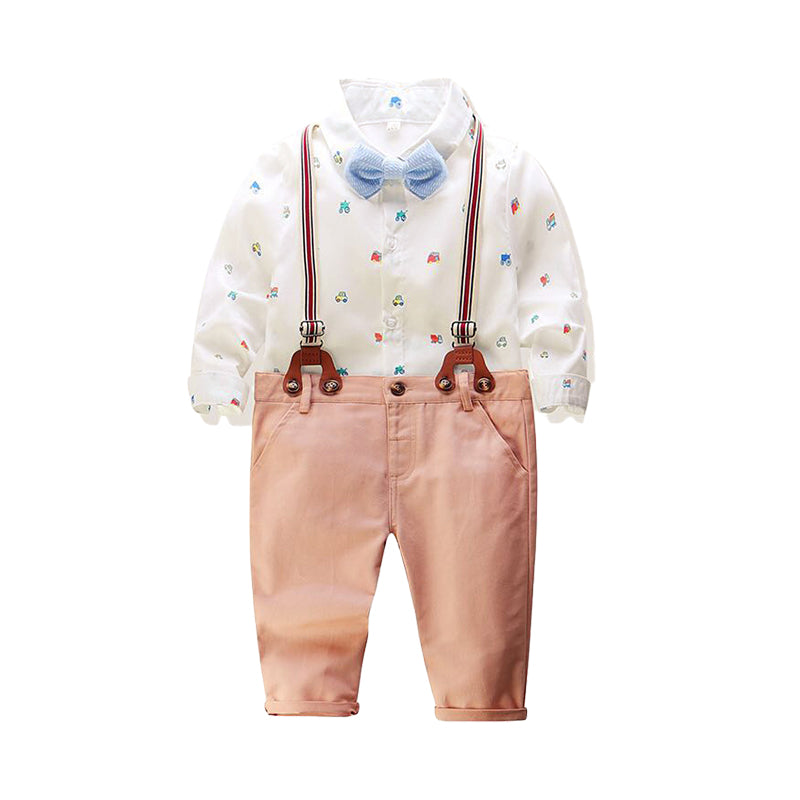 2 Pieces Set Baby Kid Boys Birthday Car Bow Print Shirts And Solid Color Jumpsuits Wholesale 22042586