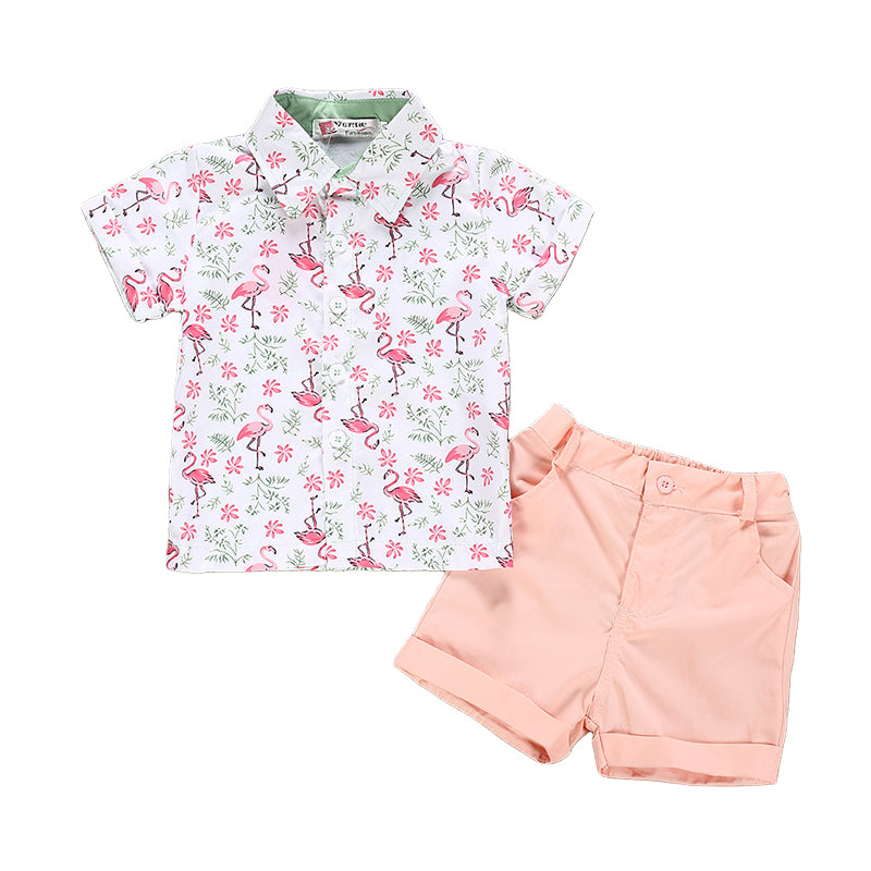 2 Pieces Set Baby Kid Boys Flower Flamingo Print Shirts And Solid Color Shorts Wholesale 22042587