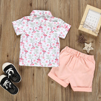 Load image into Gallery viewer, 2 Pieces Set Baby Kid Boys Flower Flamingo Print Shirts And Solid Color Shorts Wholesale 22042587
